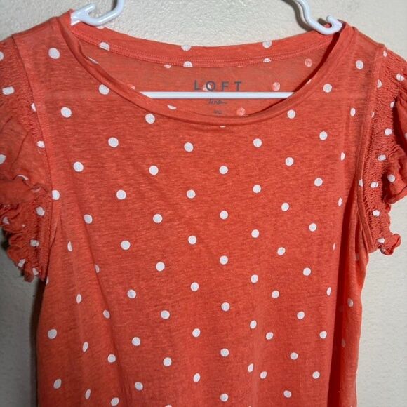 Loft T-Shirt Women's Small Orange Polka Dot Short Sleeve Ruffle Linen Top - Picture 2 of 8
